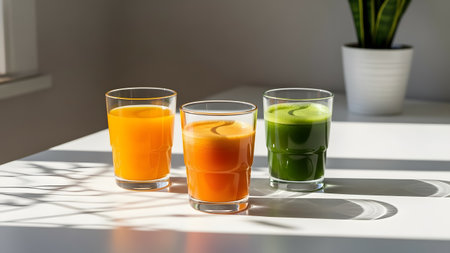Glasses of fresh orange, carrot, and green juice on a white table, bathed in morning sunlight. Clean minimal aesthetic emphasizes freshness, health, and vibrant colors.の素材