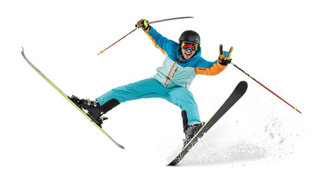 skier captured in a humorous dynamic pose, isolated on white, perfect for winter sports, fun, motion and lifestyle concepts.の素材