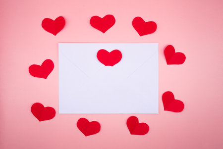 Blank square card surrounded by red hearts on pink background. Valentine Day mockup with copy space...