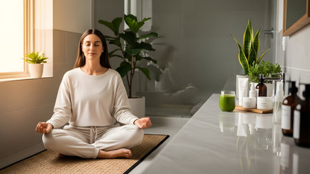 Trendy wellness lifestyle scene featuring mindfulness, beauty routine and fresh morning energy. High quality photoの素材