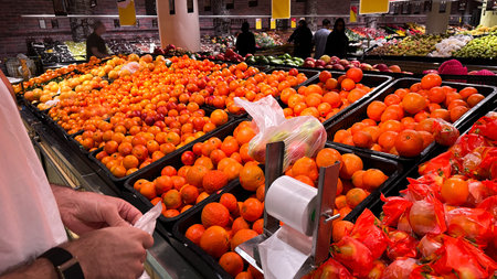 Vibrant oranges and other fresh fruits on display at market. High quality photoの写真素材