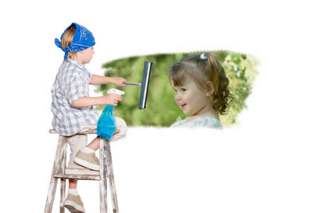 Boy washed wall and thinks about the girlの写真素材