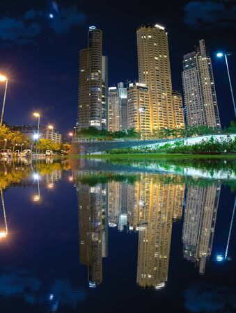City Park at night with Puero Madero skyscrapers and lightsの写真素材