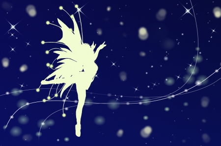 Flying fairy silhouette in night sky illustrationの写真素材