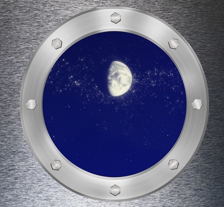 porthole with a nightly sky and moonの写真素材
