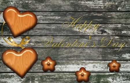 wooden heart and flowers on a wooden background for Valentine's Dayの写真素材