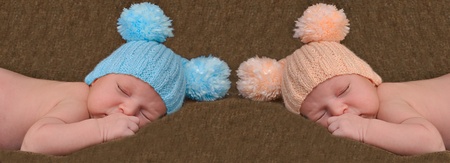 Newborn babies in pink and blue knitted hatsの写真素材