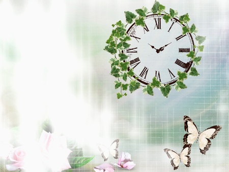 background with flowers and clockの写真素材