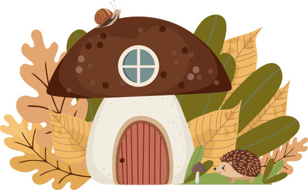 Whimsical autumn illustration of a cute mushroom house surrounded by colorful leaves, with a tiny snail on the roof and an adorable hedgehog near the entrance. Cozy woodland fairy
