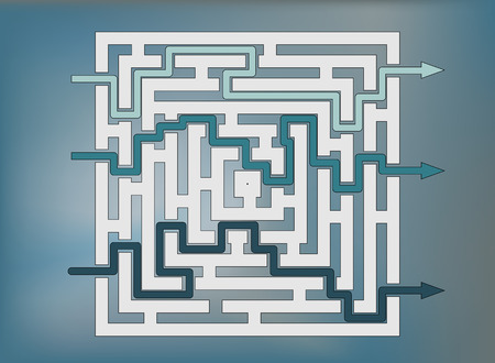 Business strategy of reaching the goal in labyrinth with several solutions, blueのイラスト素材