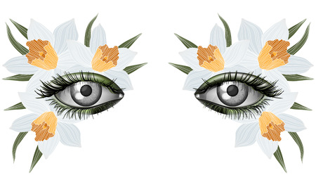 Look of the spring, photorealistic eye artistic makeup with flowers, jonquil; narcissusのイラスト素材