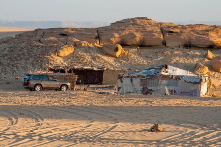 Camp in Sahara desert in Egypt, sunsetの写真素材