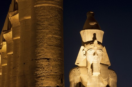 Famous Luxor temple complex at night, Egypt, pharaoh faceの写真素材