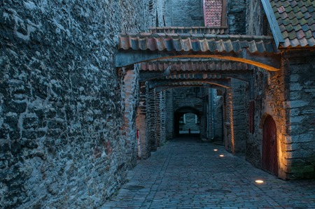 Narrow street inside the castle walls, Tallinn, Estoniaの写真素材