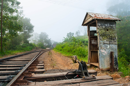 An old hand to switch on the railroad tracksの写真素材