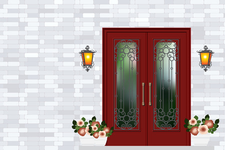 Red vintage front door, house entrance, grey brick wallのイラスト素材