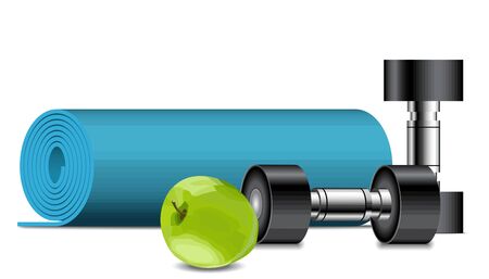 Fitness equipment. Apple, dumbbells and fitness mat, sport conceptのイラスト素材