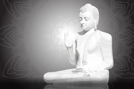 Meditating white Buddha posture on black mandala backgroundのイラスト素材