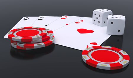 Poker set ace cards chips and dice close up 3d render illustration