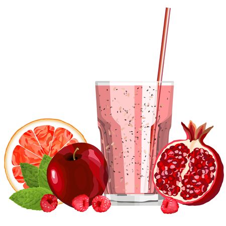 Red color blended smoothie in a glass with ingredients vector illustration. Healthy food, organic and vegetarianのイラスト素材