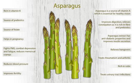 Asparagus health benefits infographics on wooden backgroundのイラスト素材