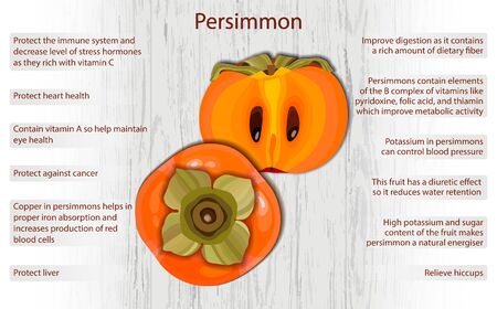 Persimmon health benefits infographics on wooden backgroundのイラスト素材