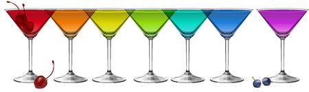 Multicolored cocktails on white background panoramic vector illustration