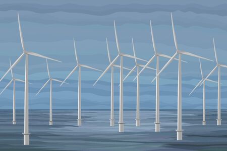 White wind turbine generating electricity in the seaのイラスト素材