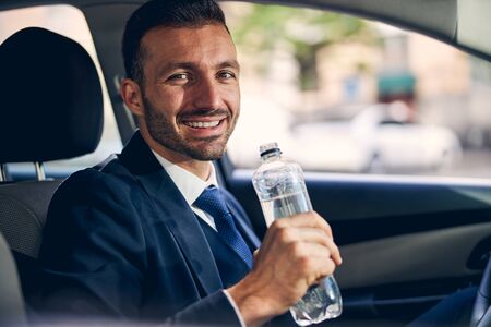 Close up of cheerful male person that demonstrating his smileの写真素材