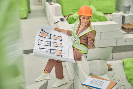 Joyous female engineer working on her laptop