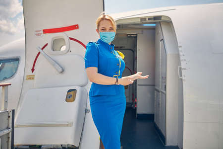 Stylish flight attendant standing at the airplane entranceの写真素材