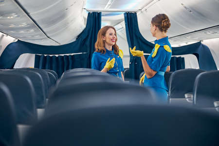 Happy pretty ladies wearing stewardess suit talking together in the first class of airplaneの写真素材
