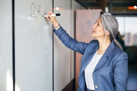 Beautiful woman writing on whiteboard in officeの写真素材