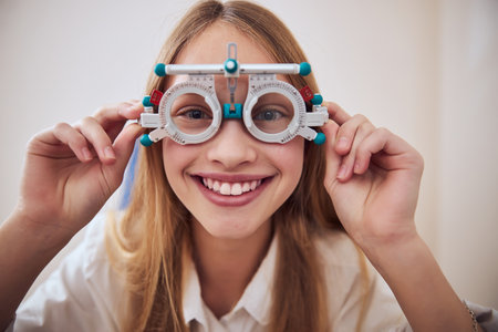 Beautiful cute lady holding special tool in hand isolated on white background in optometrist cabinetの写真素材