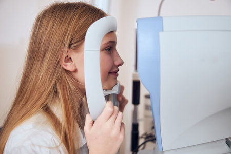 Elegant teenager girl checking eyesight in ophthalmology clinicの写真素材