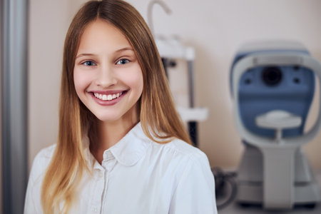 Happy smiling pretty girl standing in front of modern machine in medicine centerの写真素材