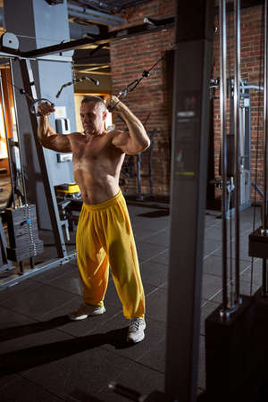 Strong shirtless man completing set of physical exercises