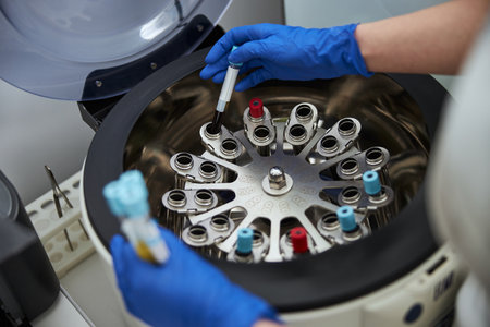 Lab technician using a centrifuge for a biochemical analysisの写真素材