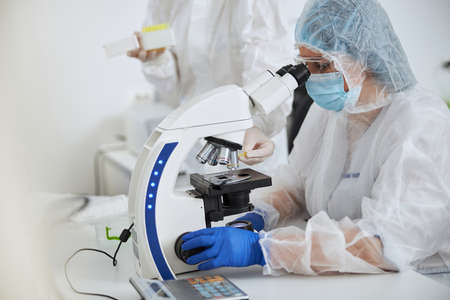 Researchers observing a blood sample mounted on the glass slide