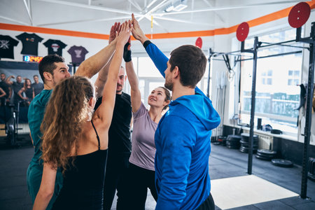 Male and female athletes in a fitness studioの写真素材