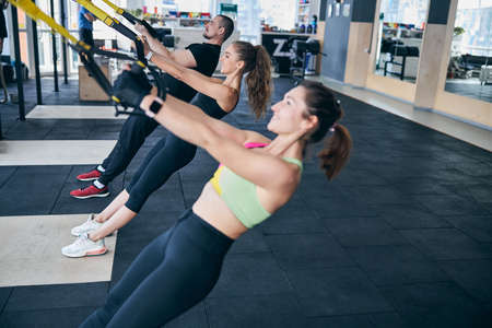 Three athletes doing the back row exercise using suspension trainersの写真素材