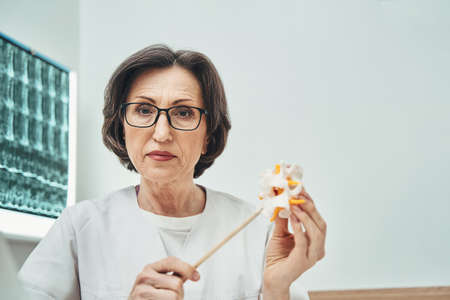 Calm female physiatrist in eyeglasses explaining the spine anatomy