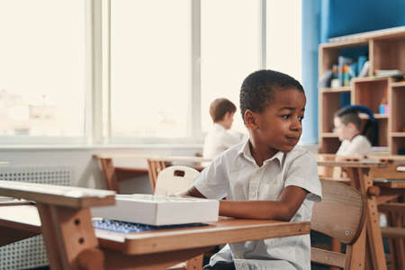 Calm boy behaving quietly at the school lesson