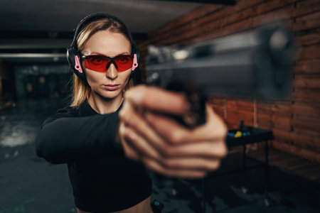 Focused beautiful shooter in earmuffs shooting a handgunの写真素材