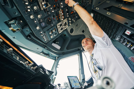Male pilot flipping a switch on the overhead control panelの写真素材