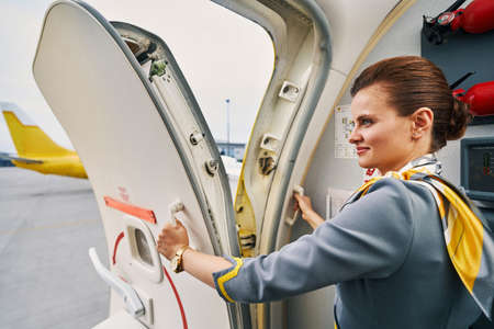 Joyous flight attendant closing the plug door before the take-offの写真素材