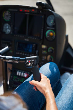 Experienced Caucasian airwoman getting ready for take-offの写真素材