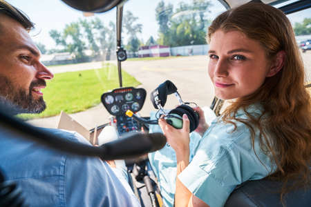Young Caucasian woman going through flight trainingの写真素材