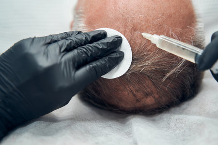 Man receiving injection for hair growth in cosmetology clinicの写真素材