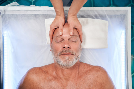 Man receiving professional scalp massage at wellness centerの写真素材